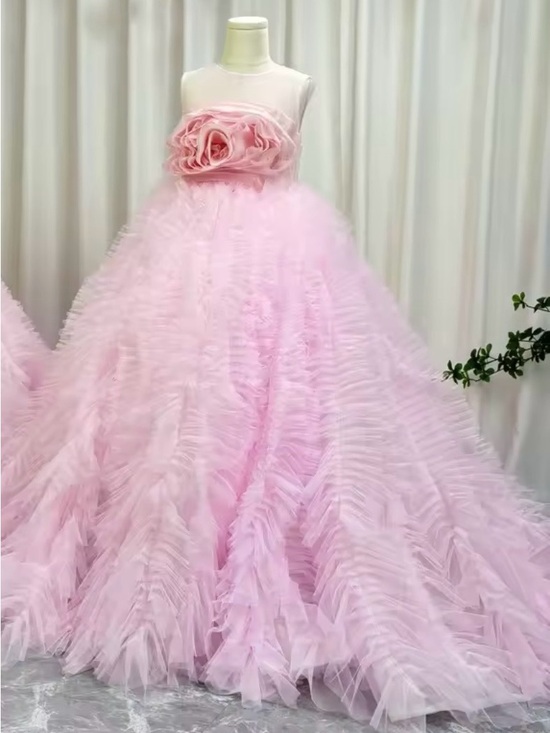 Other - Pink Ruffled Tulle Ball Gown with Rosette Waist